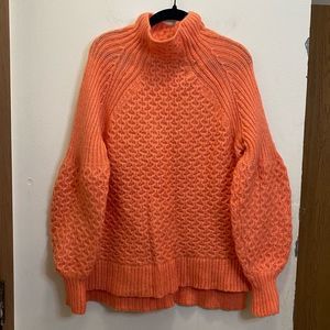 Anthropologie coral orange knit sweater w puff sleeve, sz S